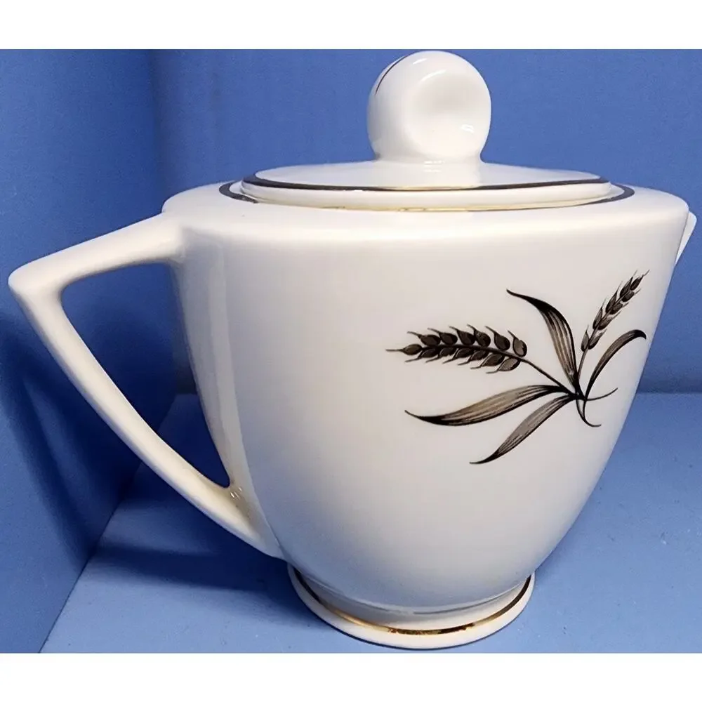 EMBASSY USA Vitrified Gold Black Wheat Pattern Sugar Bowl & Lid Pointed Handles